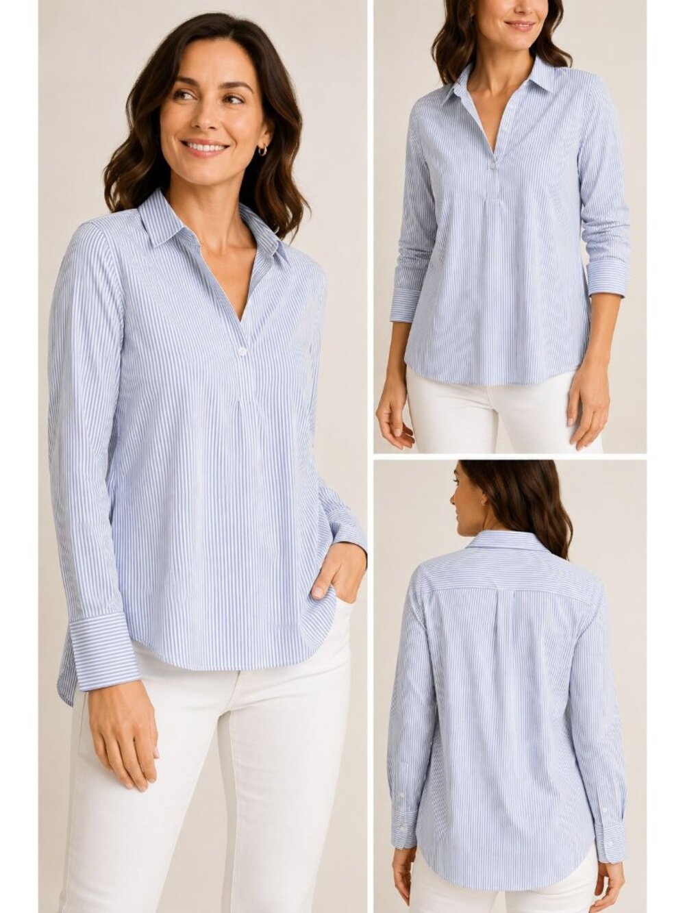 Lyssé Womens Striped Button-Up Shirt Long Sleeve Blue/White Size M Nylon/Elastan